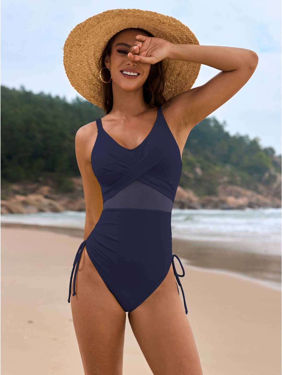 Navy Blue V-Neck Mesh Panel Ruched Side-Tie One-Piece Swimsuit