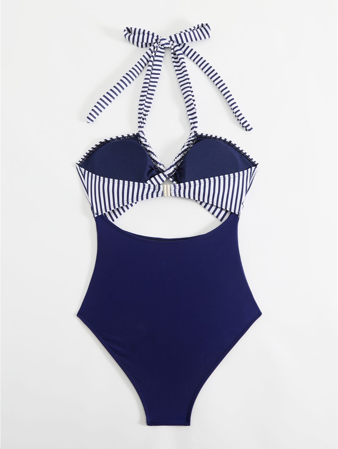 Navy Stripe Halter Cutout One-Piece Swimsuit