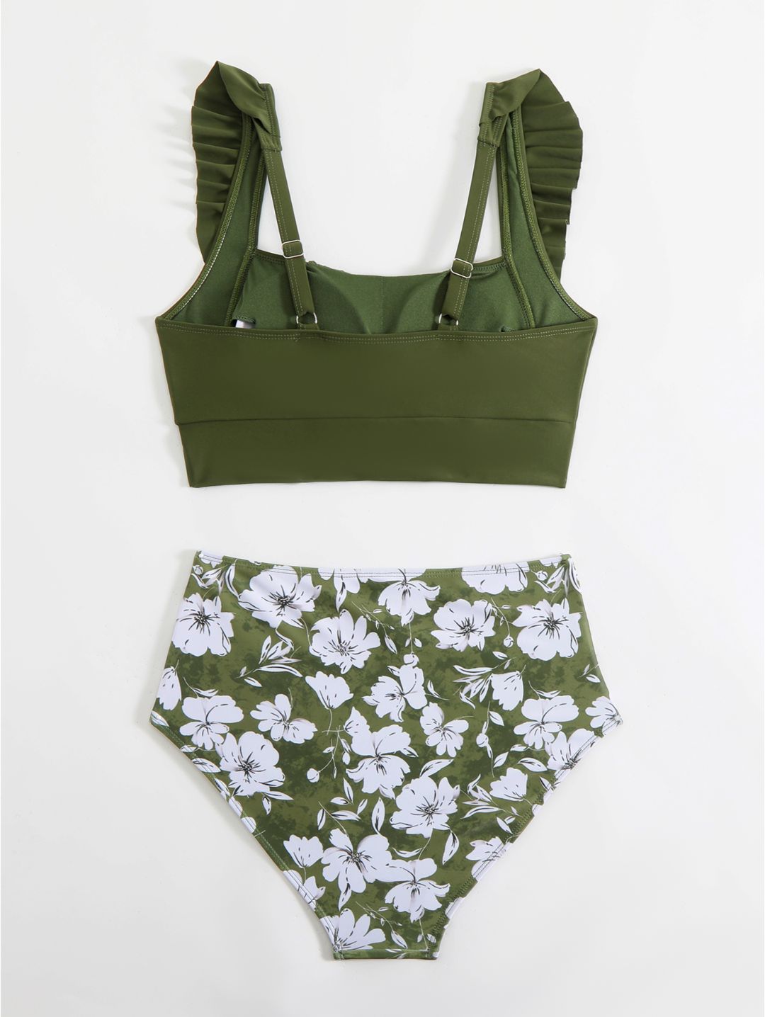 Olive Floral Ruffle Shoulder High Waisted Bikini Set