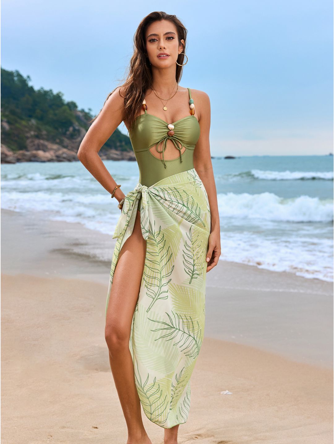 Olive Green Beaded Strap Cutout Tie-Front One-Piece Swimsuit