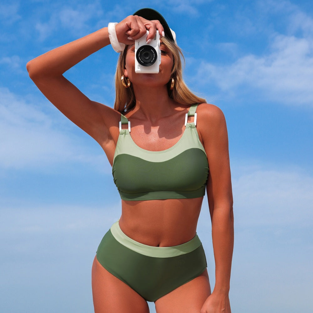 Olive Sage Colorblock High-Waisted Bikini Set
