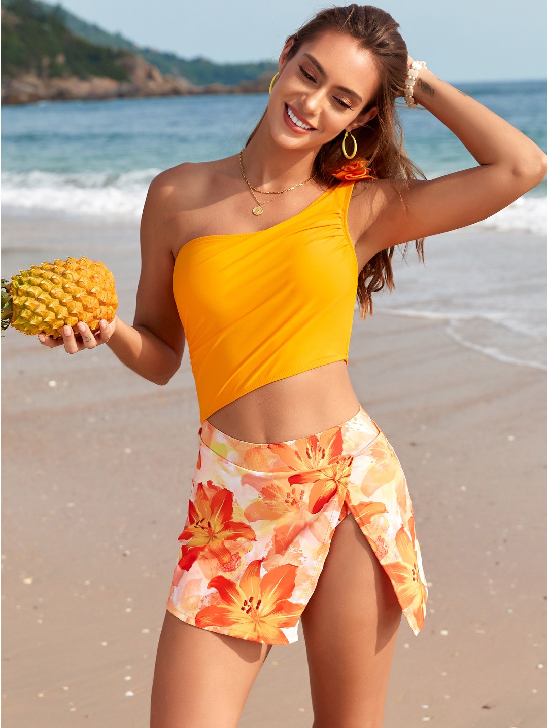 Orange Floral One-Shoulder Floral Skirt Bikini Set