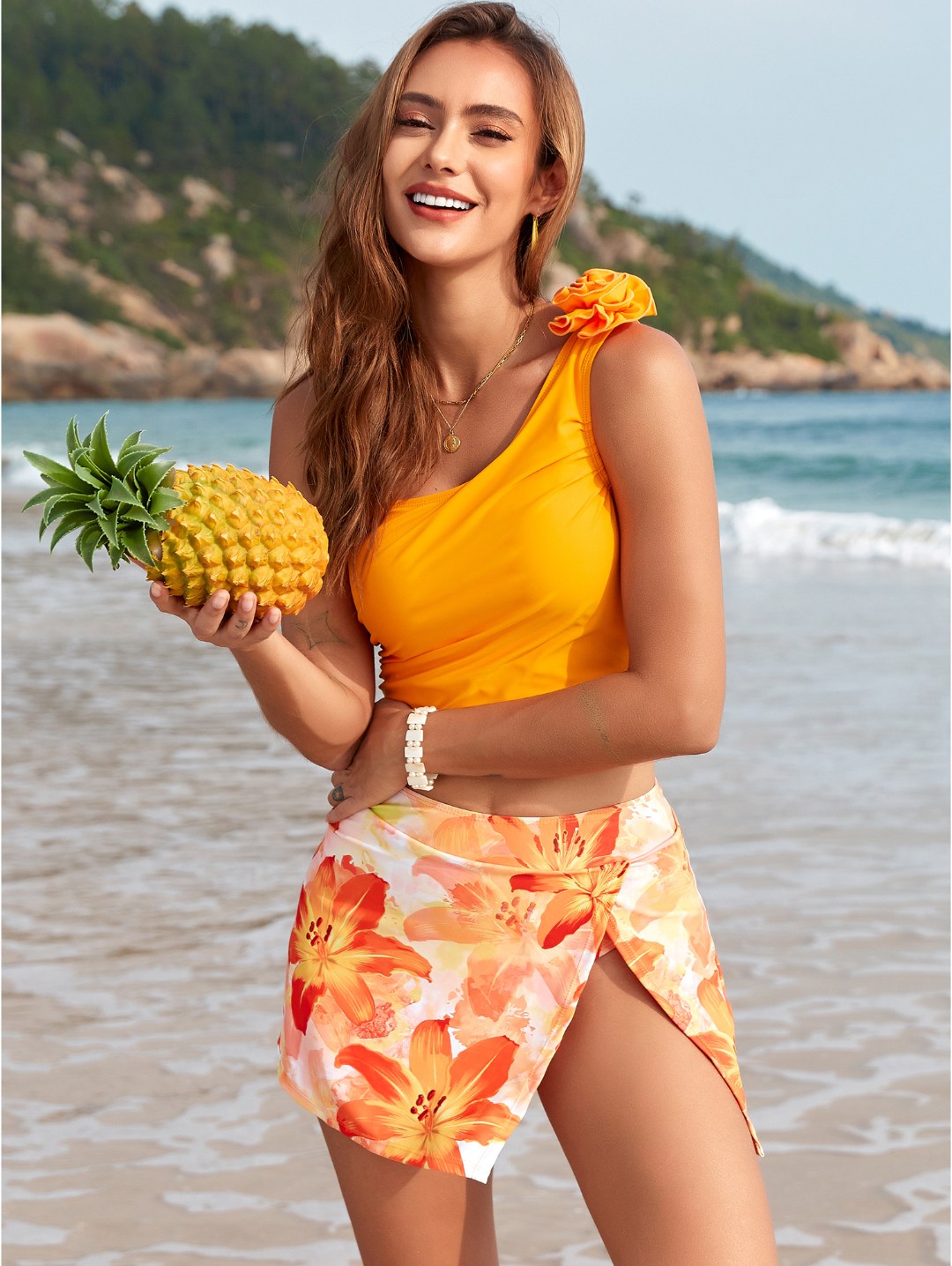 Orange Floral One-Shoulder Floral Skirt Bikini Set