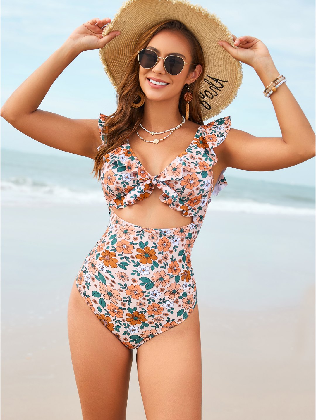 Orange Floral Ruffle Tie-Front Cutout One-Piece Swimsuit