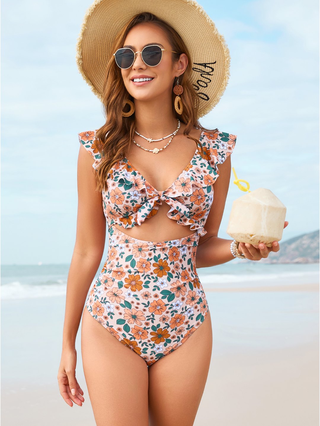 Orange Floral Ruffle Tie-Front Cutout One-Piece Swimsuit