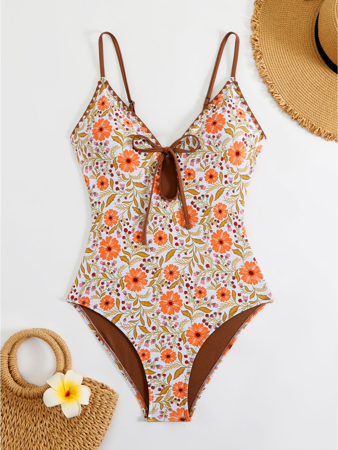 Orange Floral Tie-Front One-Piece Swimsuit