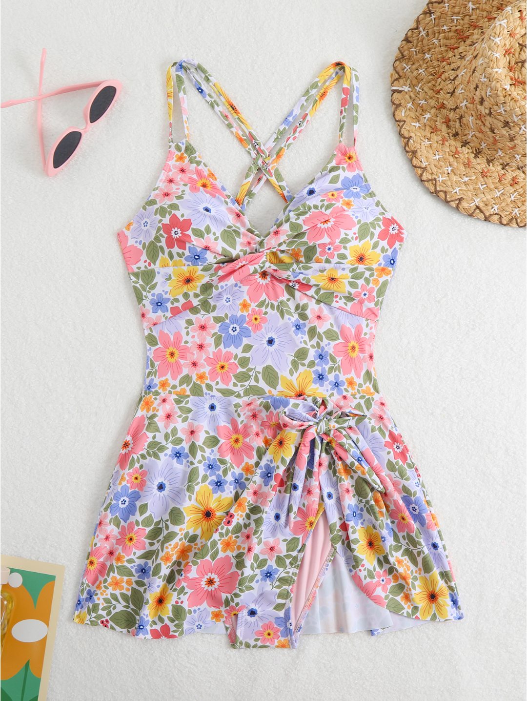 Pastel Floral Twist Front Cross-Back Swimdress One-Piece