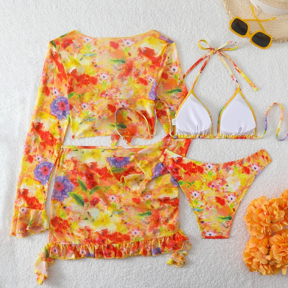 Orange Mesh Cover-Up Skirt & Long Sleeve Tie Top Floral Print 4-Piece Bikini Set