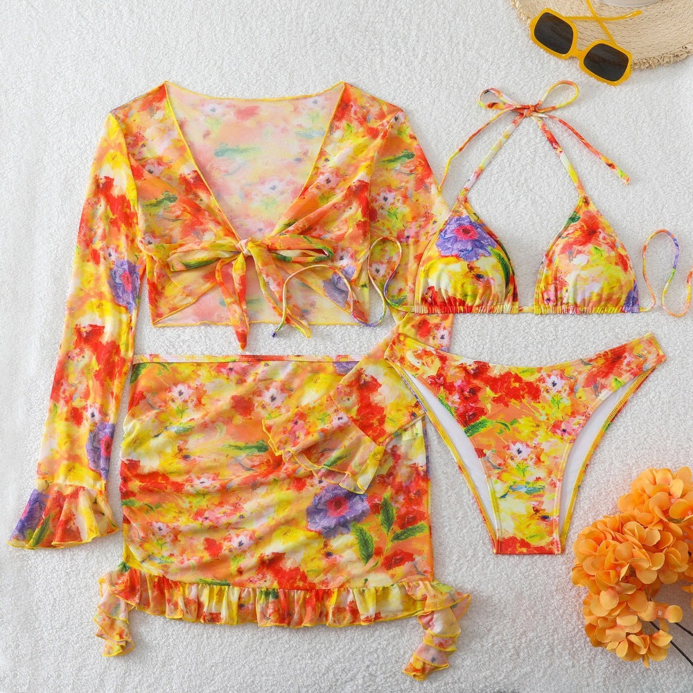 Orange Mesh Cover-Up Skirt & Long Sleeve Tie Top Floral Print 4-Piece Bikini Set