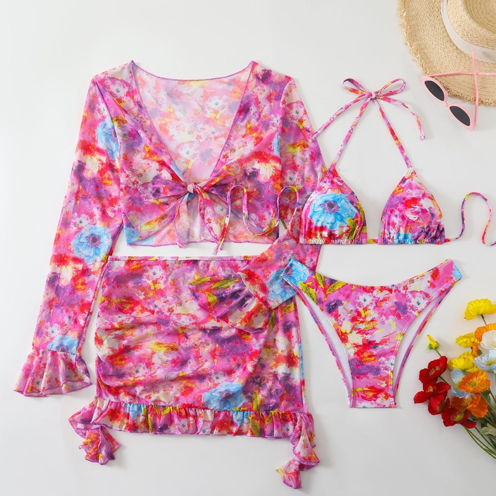 Light Purple Mesh Cover-Up Skirt & Long Sleeve Tie Top Floral Print 4-Piece Bikini Set