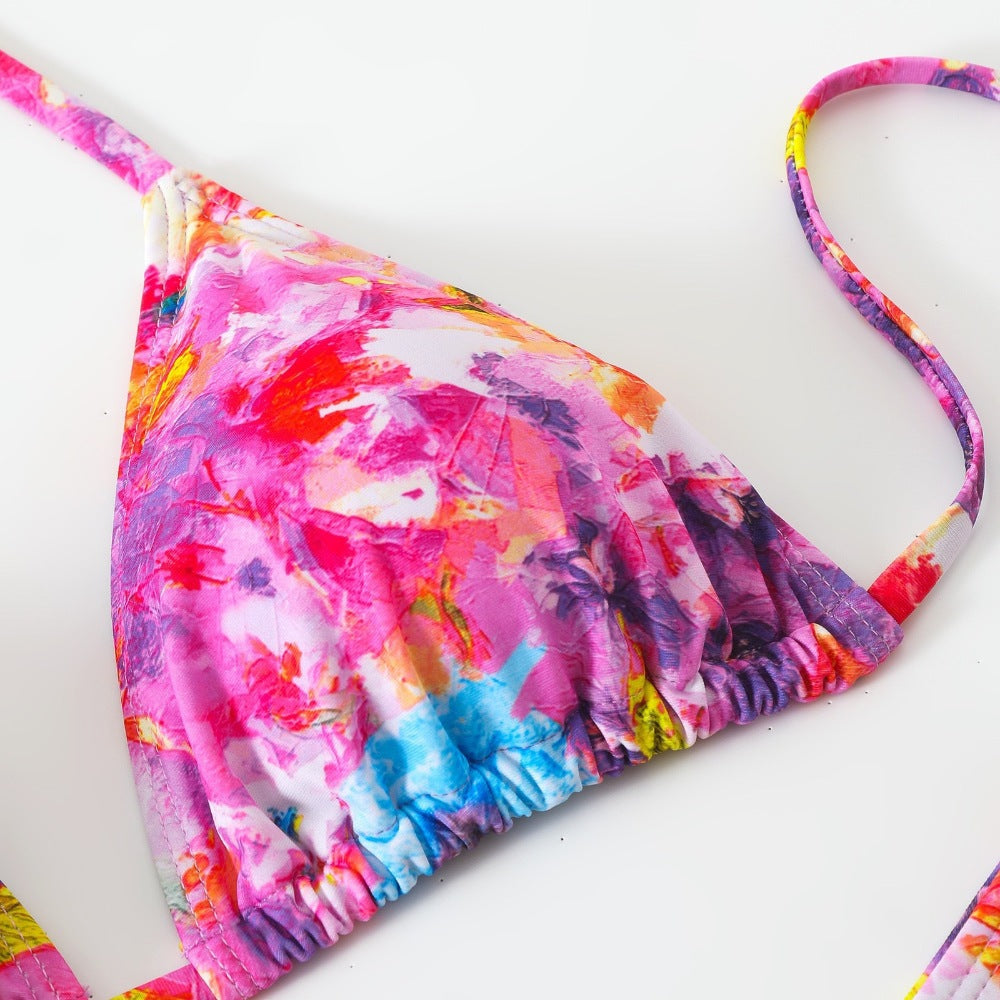 Light Purple Mesh Cover-Up Skirt & Long Sleeve Tie Top Floral Print 4-Piece Bikini Set