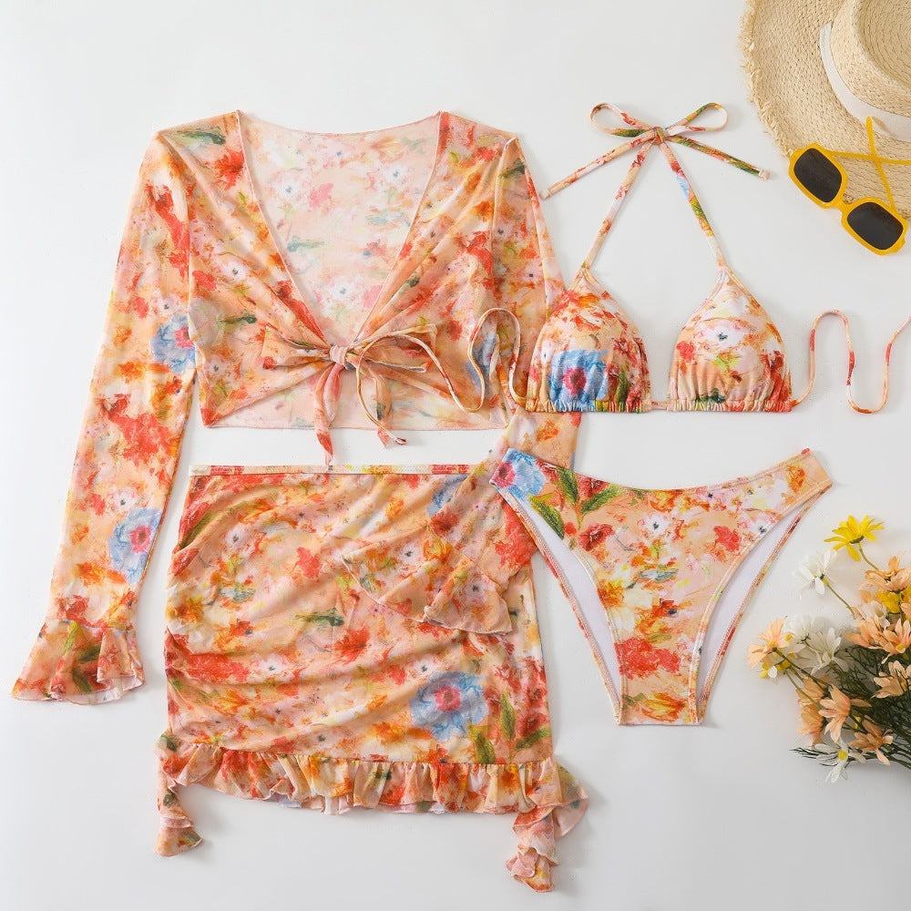 Light Pink Mesh Cover-Up Skirt & Long Sleeve Tie Top Floral Print 4-Piece Bikini Set