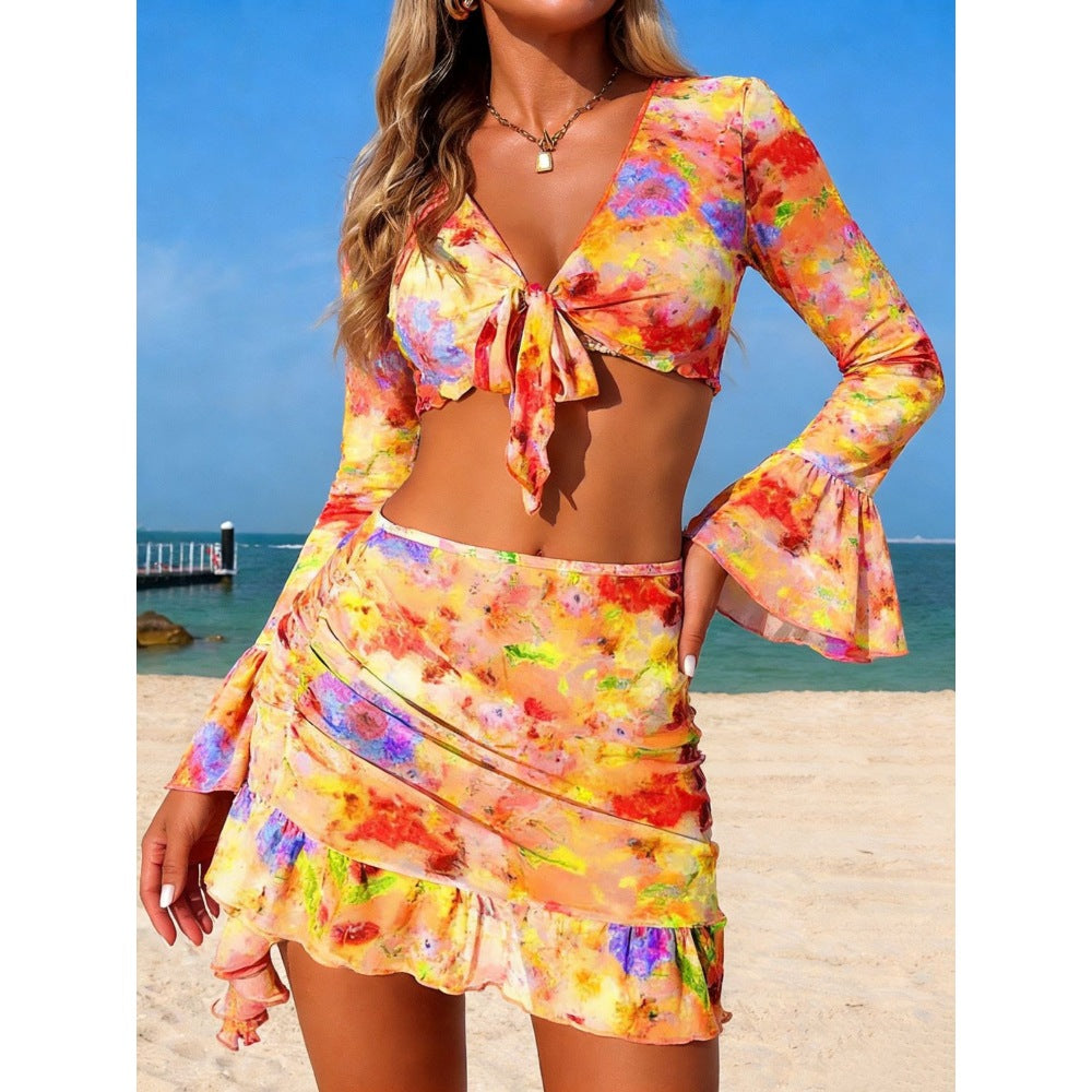 Orange Mesh Cover-Up Skirt & Long Sleeve Tie Top Floral Print 4-Piece Bikini Set