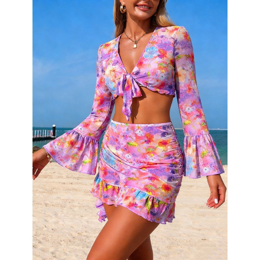 Light Purple Mesh Cover-Up Skirt & Long Sleeve Tie Top Floral Print 4-Piece Bikini Set