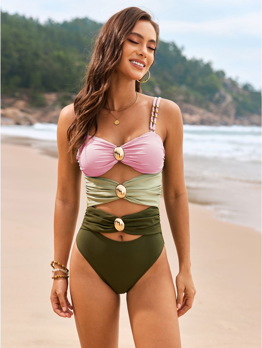 Pink Color Block Cutout with Gold Ring Detail One-Piece Swimsuit