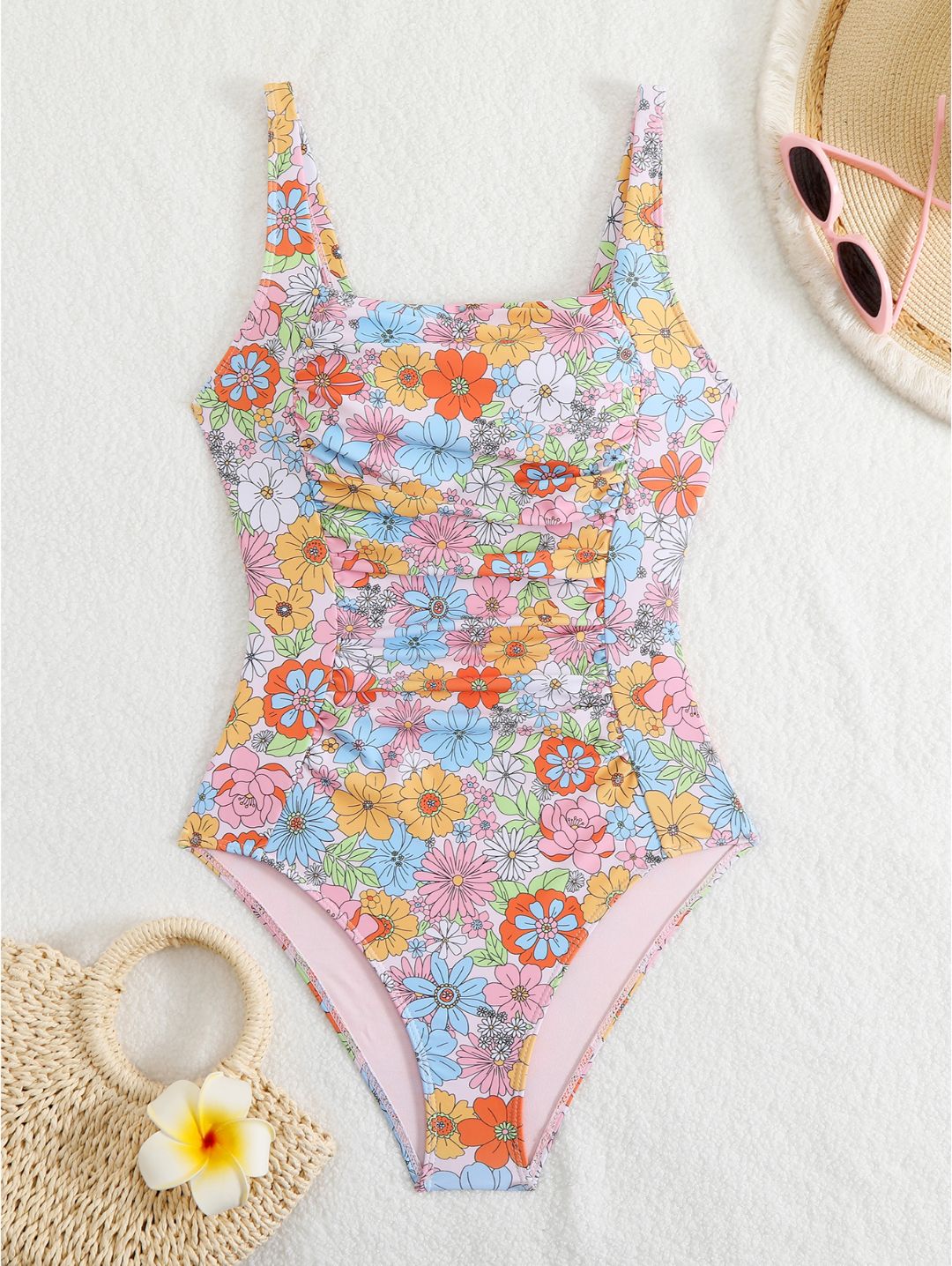 Pink Floral Print Square Neck Ruched One-Piece Swimsuit