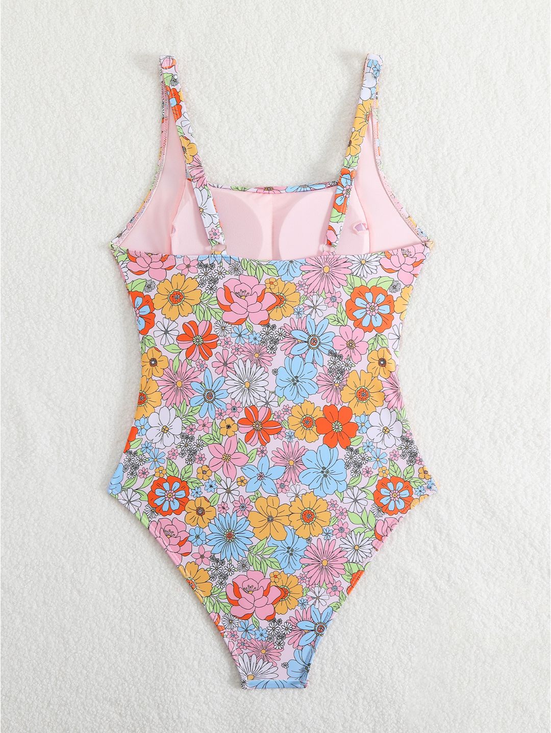 Pink Floral Print Square Neck Ruched One-Piece Swimsuit