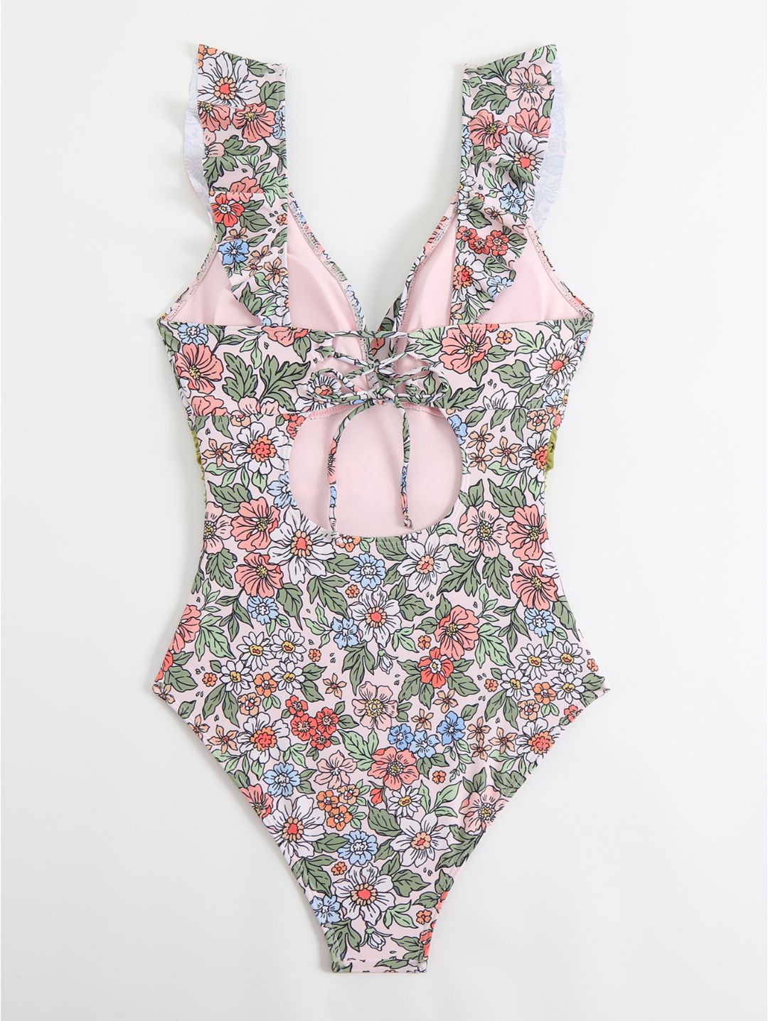 Pink Floral Ruffle V-Neck Belted One-Piece Swimsuit