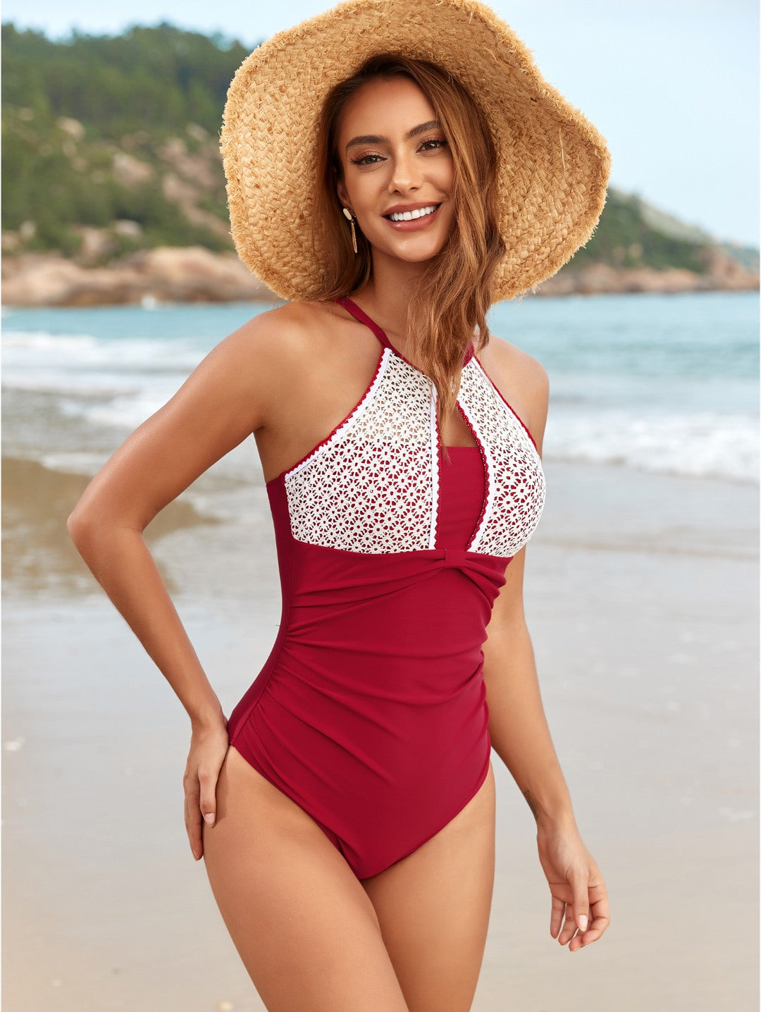 Red Halter Lace Panel One-Piece Swimsuit