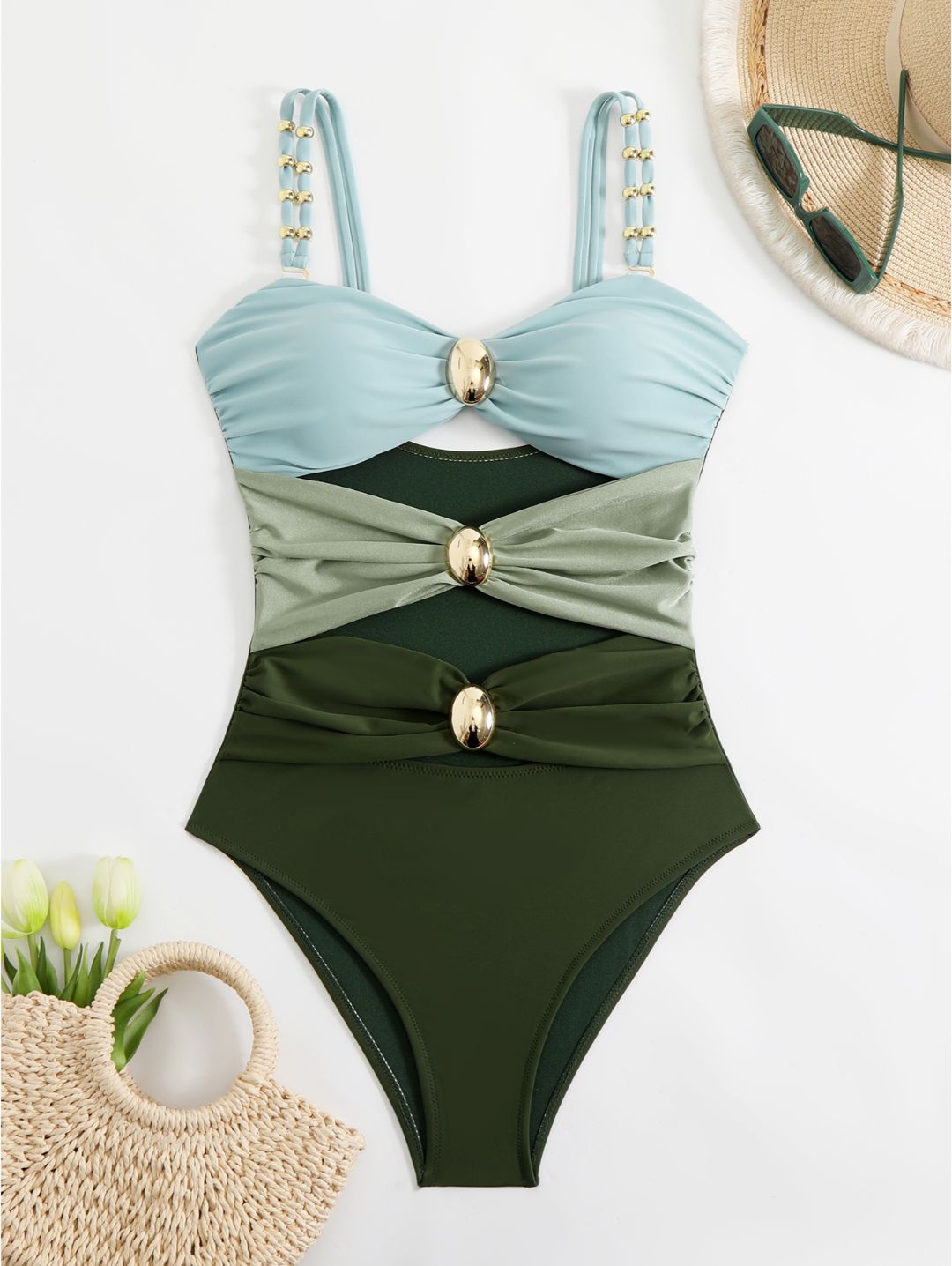 Sky Blue Color Block Cutout with Gold Ring Detail One-Piece Swimsuit