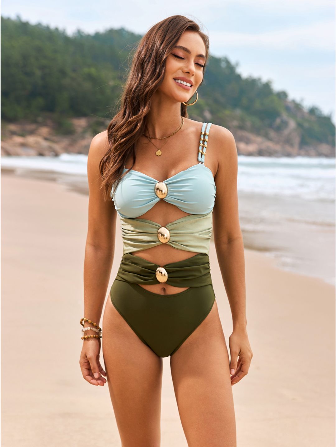 Sky Blue Color Block Cutout with Gold Ring Detail One-Piece Swimsuit