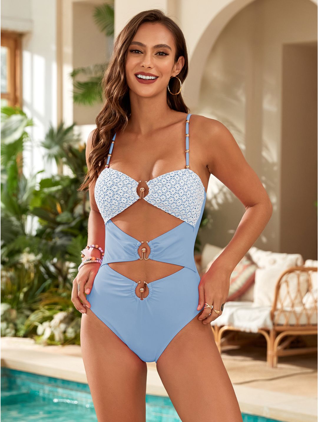 Sky Blue Cutout Beaded Strap Lace One-Piece Swimsuit