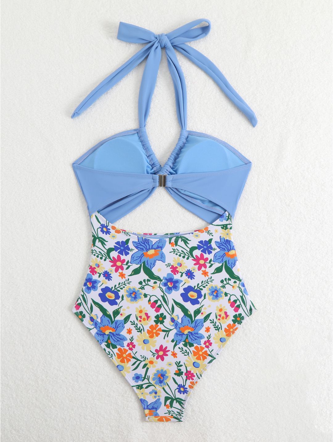 Sky Blue Floral Halter Cutout One-Piece Swimsuit