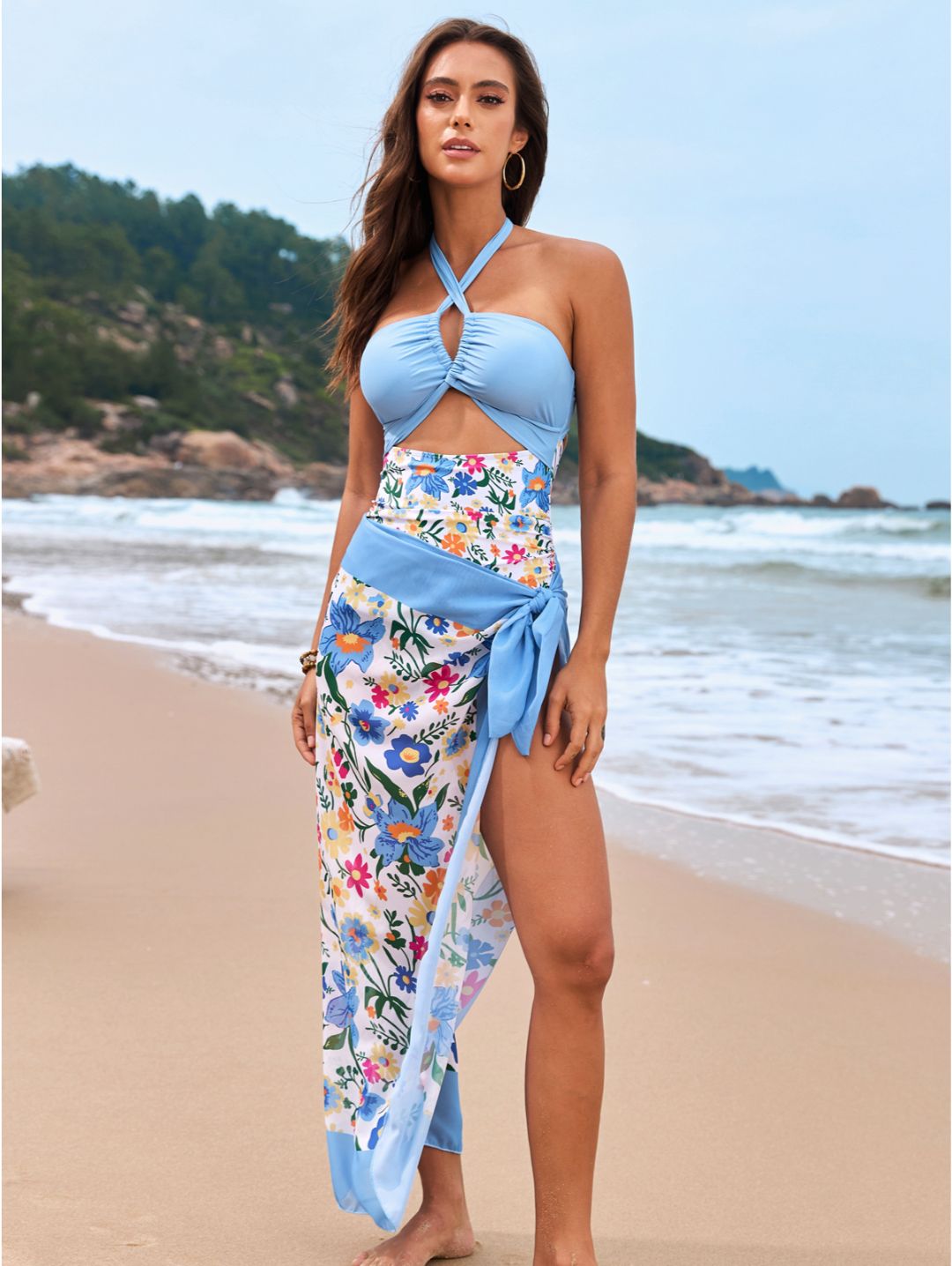 Sky Blue Floral Halter Cutout One-Piece Swimsuit