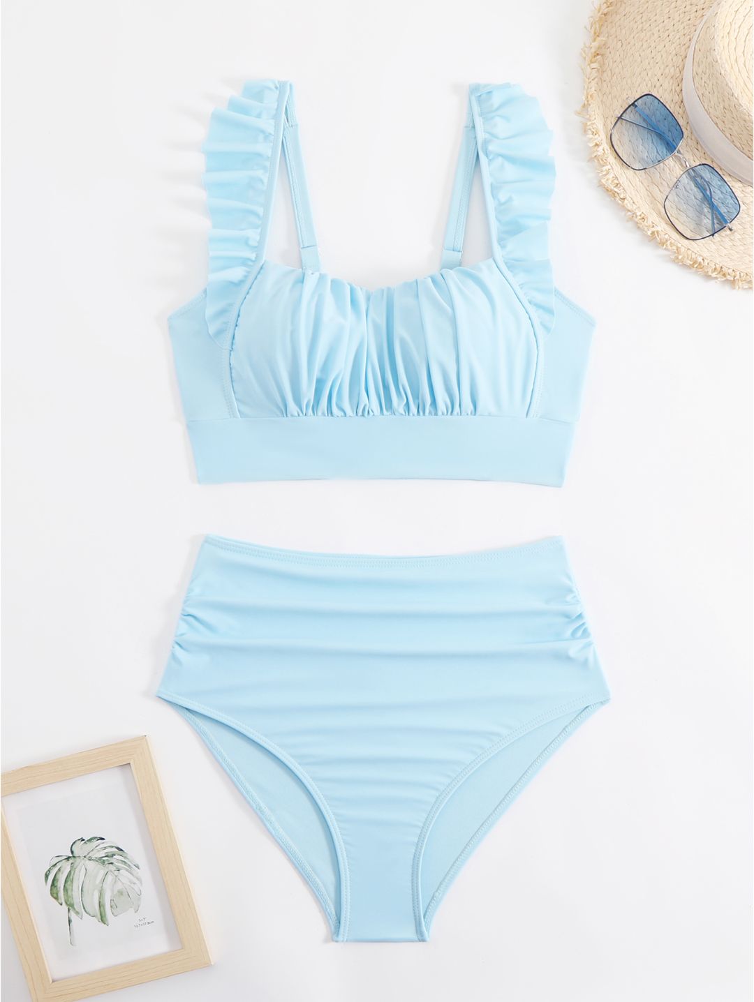 Sky Blue Floral Ruffle Shoulder High Waisted Bikini Set