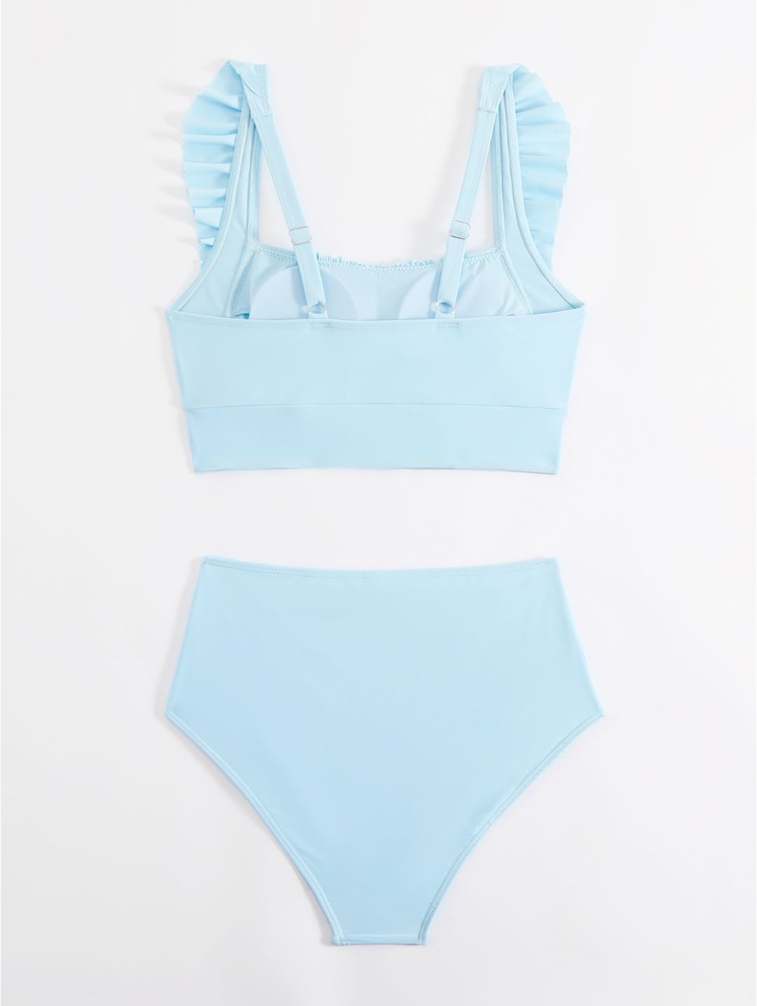 Sky Blue Floral Ruffle Shoulder High Waisted Bikini Set