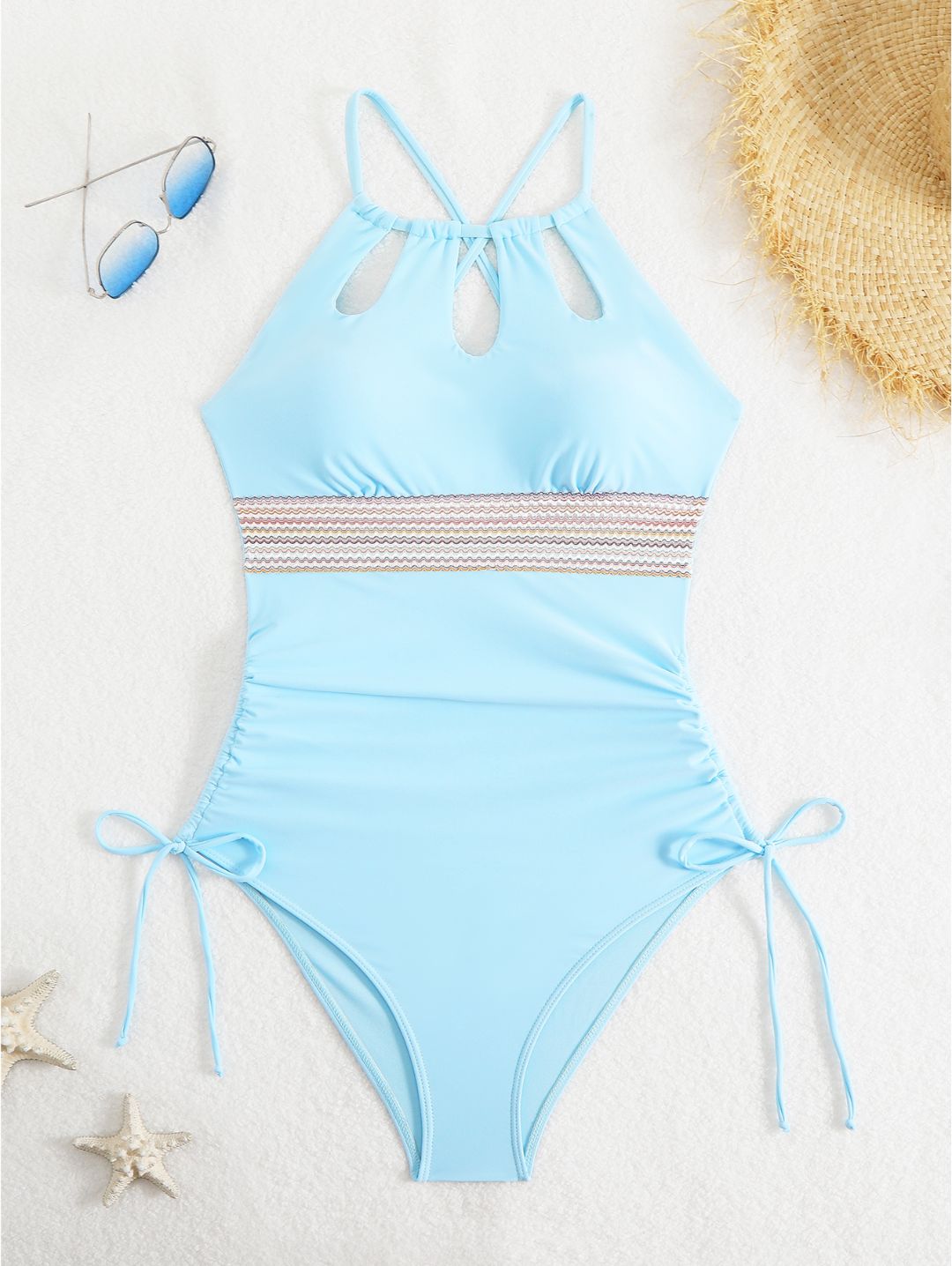 Sky Blue Halter Keyhole Ruched One-Piece Swimsuit