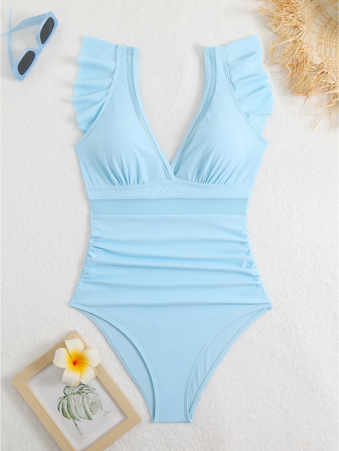 Sky Blue Ruffle Sleeve Colorblock One-Piece Swimsuit