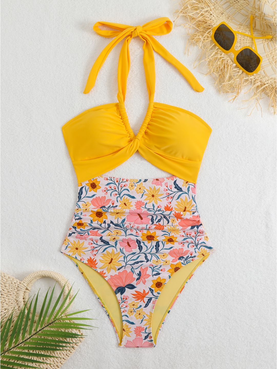 Sunflower Yellow Floral Halter Cutout One-Piece Swimsuit