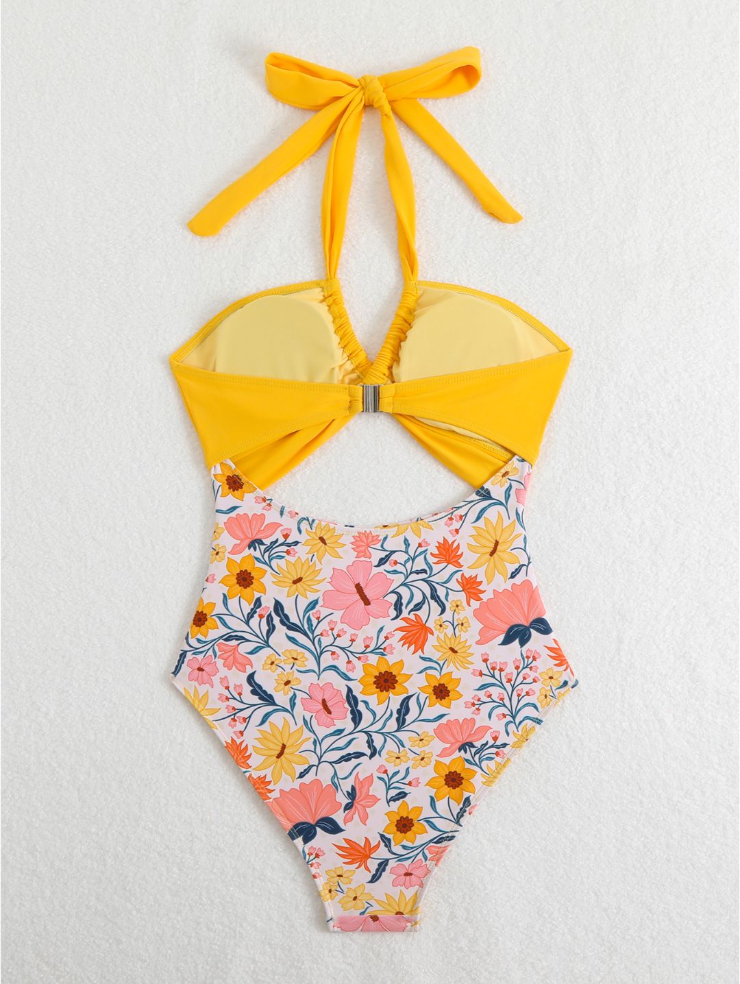 Sunflower Yellow Floral Halter Cutout One-Piece Swimsuit