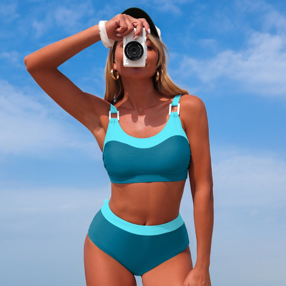 Teal Aqua Colorblock High-Waisted Bikini Set