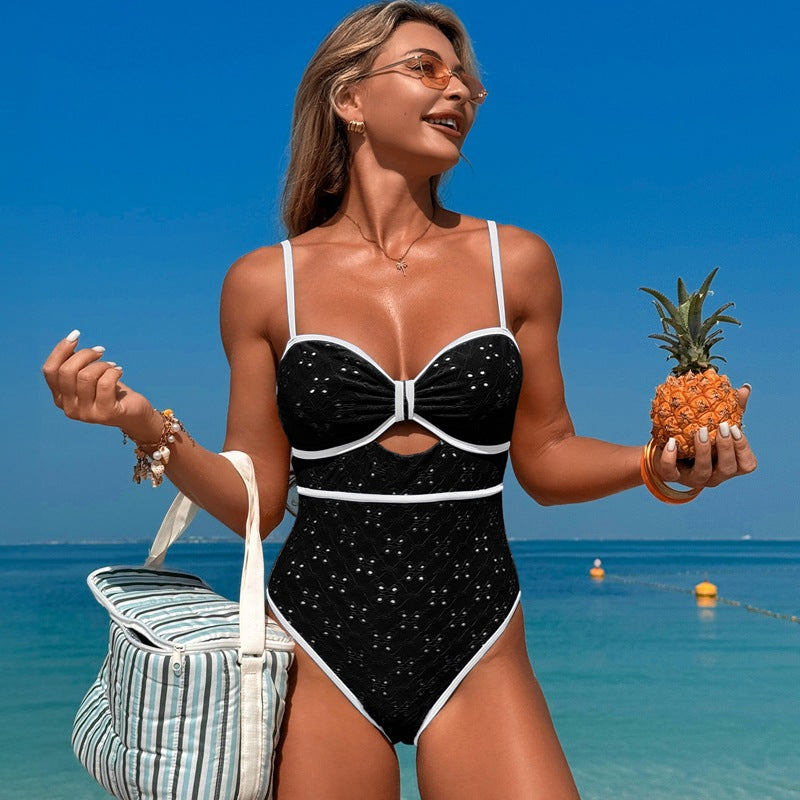 Textured Contrast Trim Cutout One-Piece Swimsuit