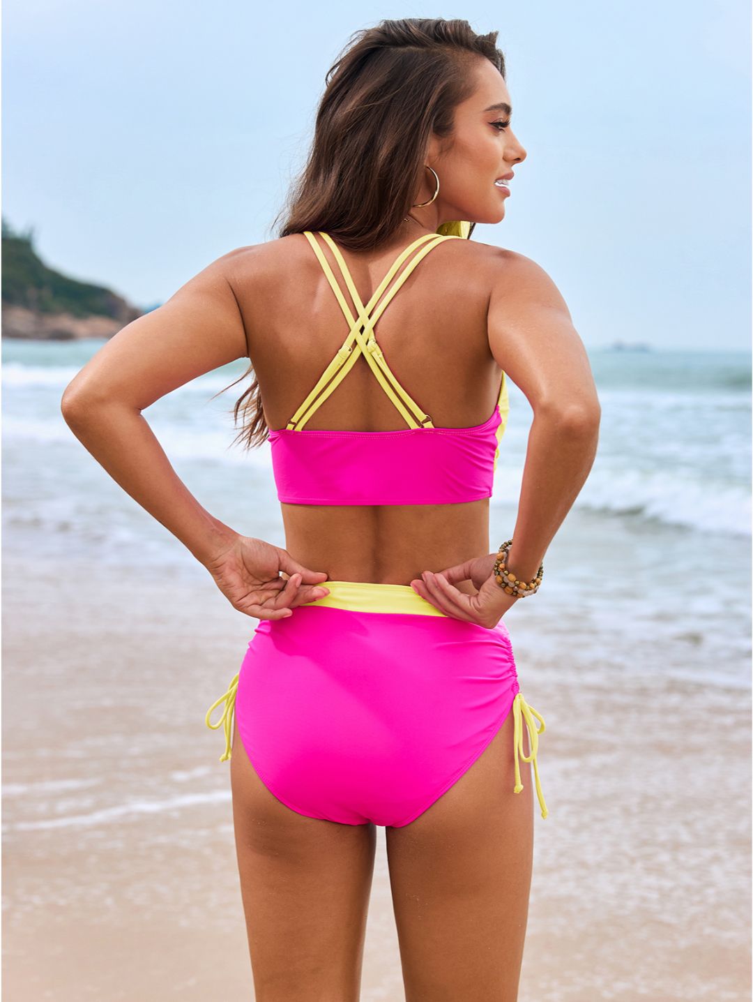 Yellow Colorblock High-Waisted with Side Tie Bottom Bikini Set