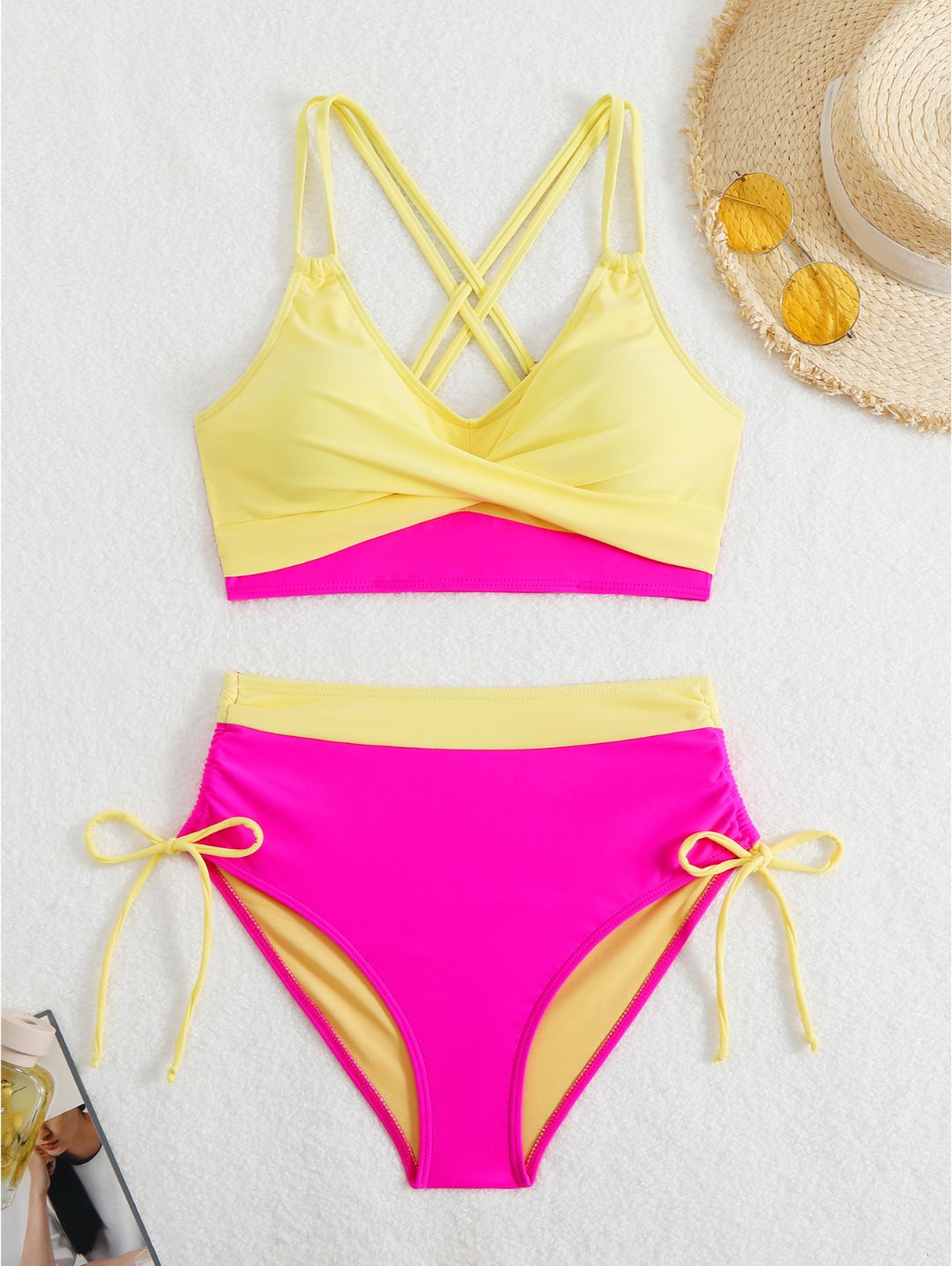 Yellow Colorblock High-Waisted with Side Tie Bottom Bikini Set