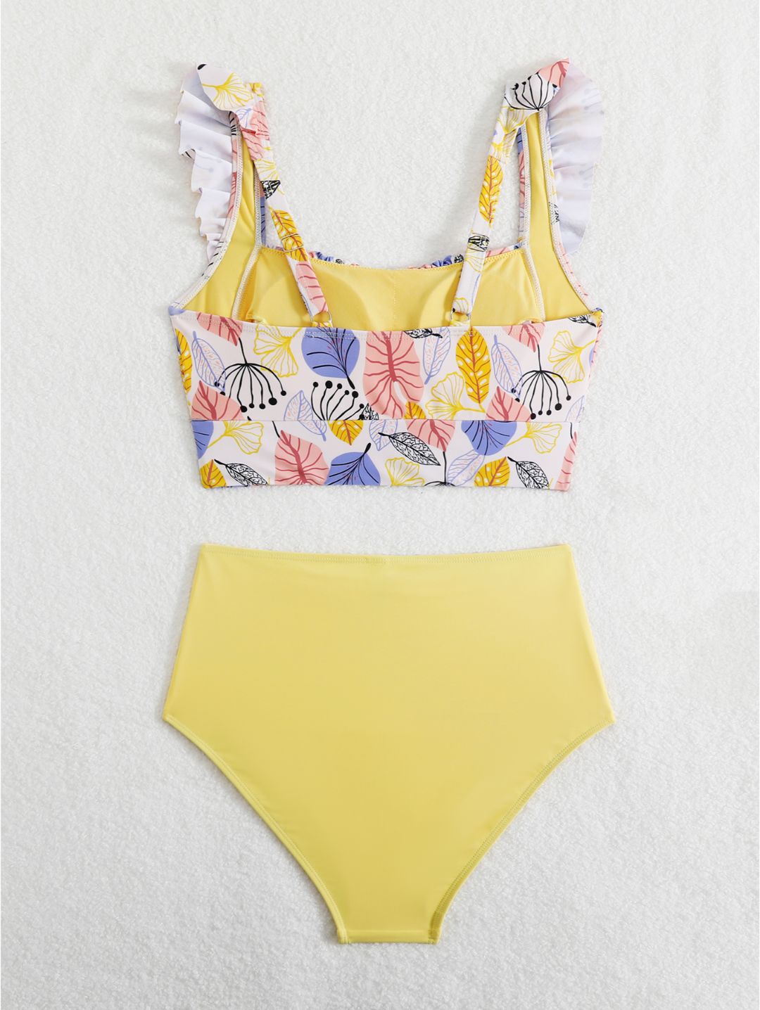 Yellow Floral Ruffle Shoulder High Waisted Bikini Set