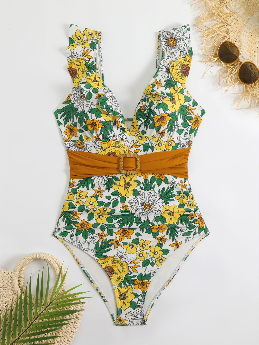 Yellow Floral Ruffle V-Neck Belted One-Piece Swimsuit