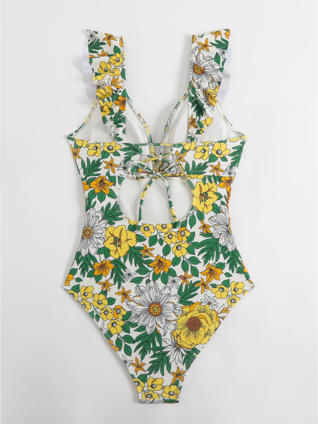 Yellow Floral Ruffle V-Neck Belted One-Piece Swimsuit